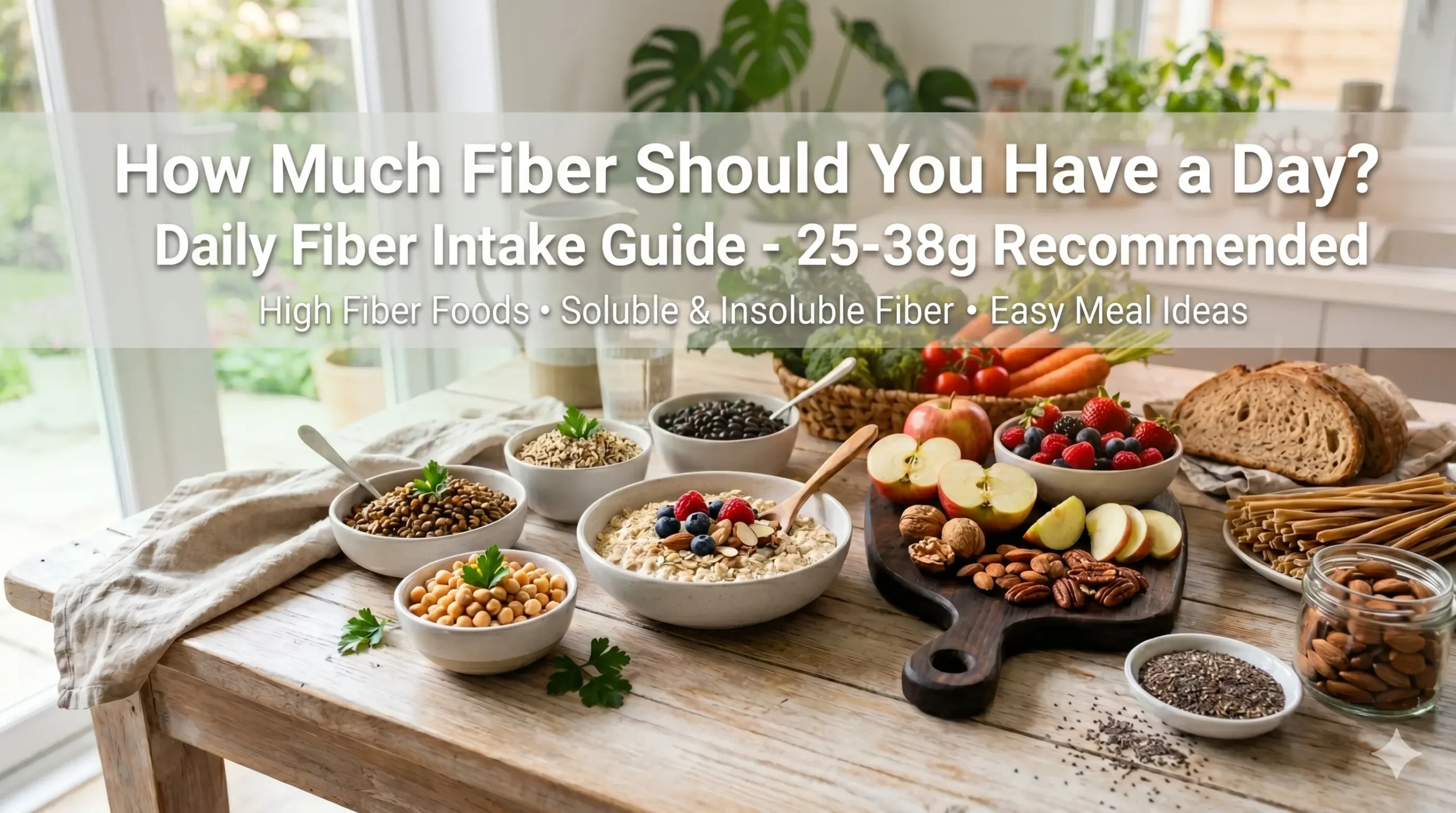 High fiber foods including oats, beans, lentils, fruits, vegetables, nuts, and seeds on a healthy table